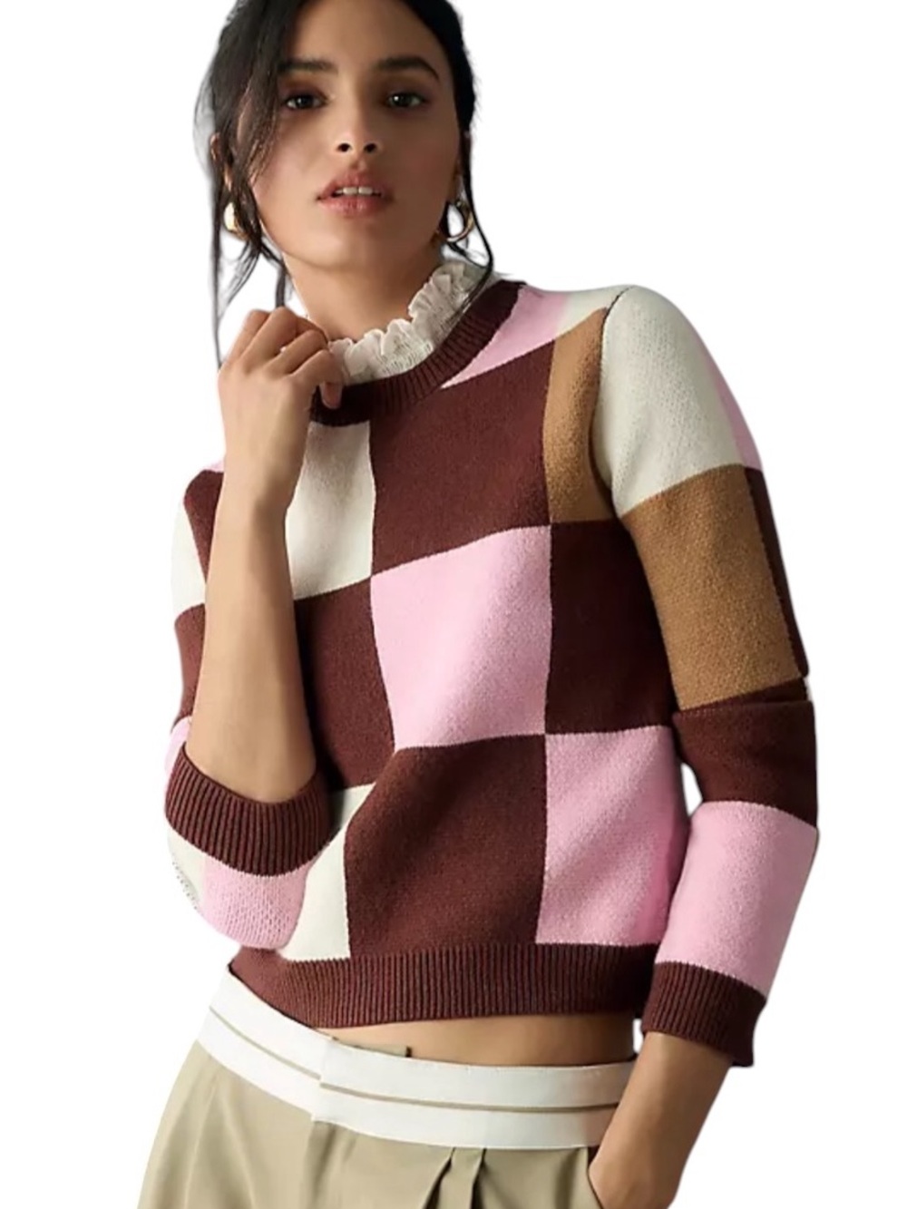 By Anthropologie Plaid Ruffle Collar Pullover Sweater Size M